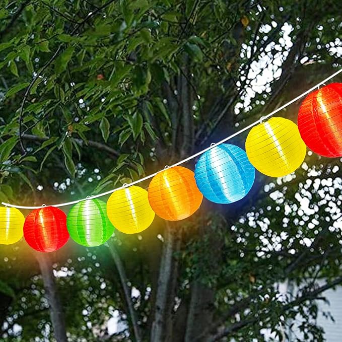 G40 LED Outdoor Lantern String Lights, 27.5FT Multicolor Patio String Lights with 10 Chinese Lanterns, Plug in Nylon Lantern Lights Waterproof UL Listed for Backyard Party Birthday Wedding Christmas