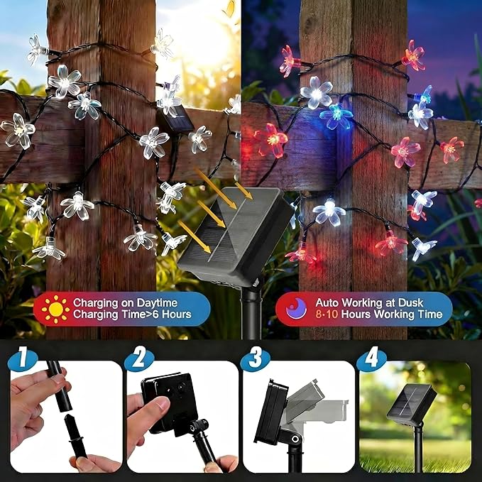 ITICdecor 50 LED Solar Flower String Lights Outdoor Waterproof 4th of July Fairy Light Decorations for Garden, Fence, Patio, Yard &Party Decoration (Red White&Blue)