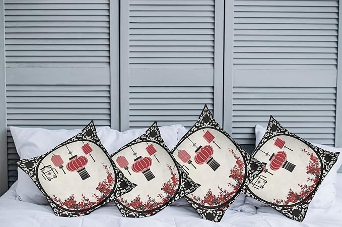 Ambesonne Lantern Throw Pillow Cushion Case Pack of 4, Lanterns with Japanese Sakura Cherry Blossom Trees Round Ornate Graphic, Modern Accent Double-Sided Digital Printing, 18", Red Beige