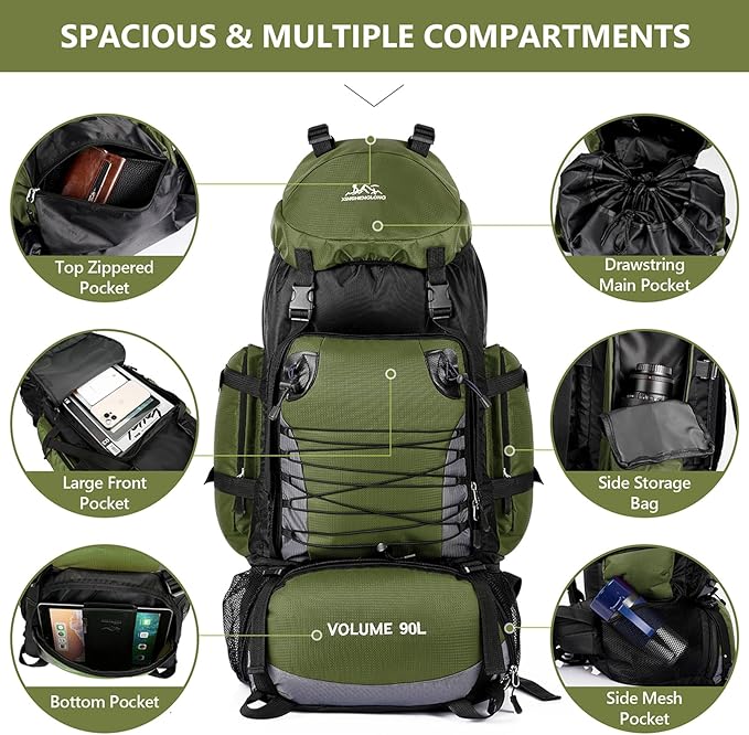 90L Hiking Backpack, Waterproof Camping Bag with Rain Cover, Lightweight Backpacking Back Pack