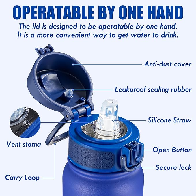 OLDLEY 20 Oz Insulated Stainless Steel Water Bottle For Kids, With Straws Leak-proof, Kids Water Bottles For School Boys Girls,Klein Blue