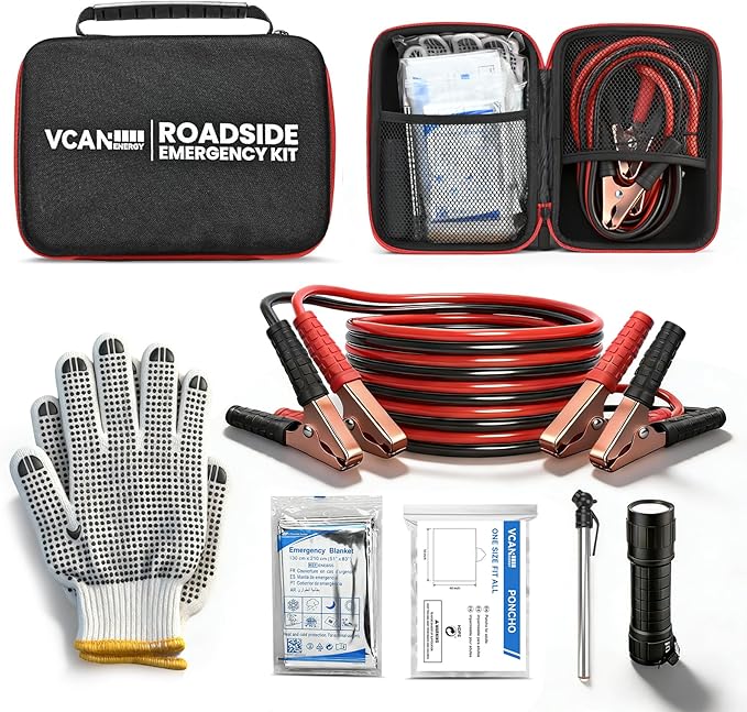 VCANENERGY Car Emergency Safety Kit Bag with Jumper Cables, Tire Pressure Gauge, Auto Vehicle Safety Road Side Assistance Kits Essentials,for Women, Men, Teen (Red)