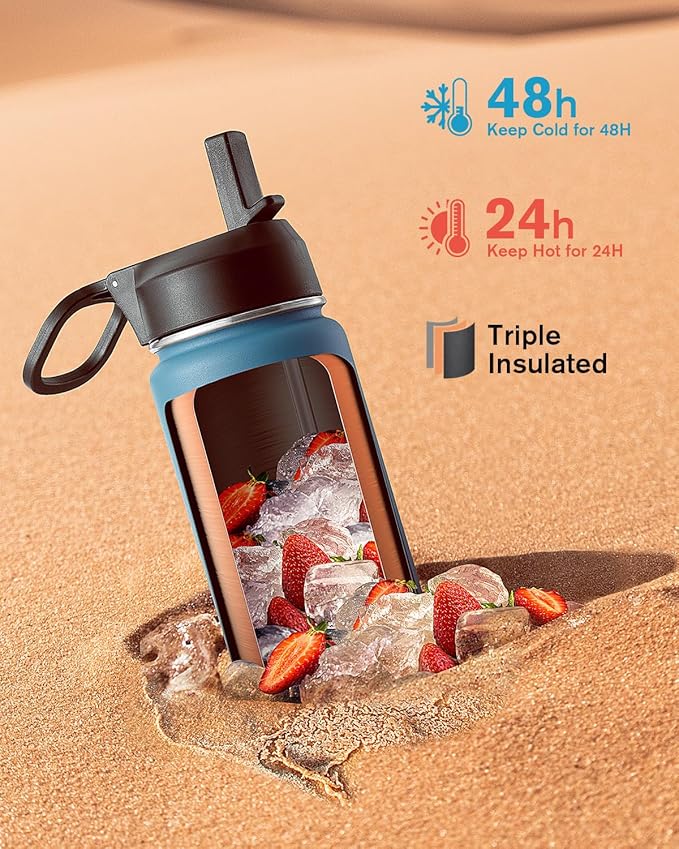 Coolflask Water Bottle 24 oz Insulated with Straw, Stainless Steel Metal 3 Lids Water Flask Wide Mouth for Sports or Office, Non-BPA Keep Cold Up to 48 Hrs or Hot Up to 24 Hrs, Samurai Cyan