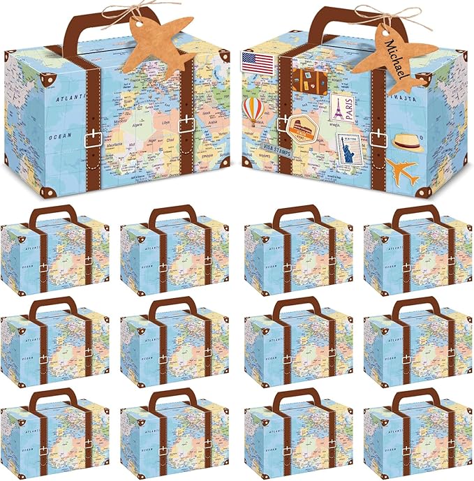 12Pcs Large Suitcase Party Favor Boxes Travel The Map Paper Treat Box with Tags Birthday Supplies Travel Theme Candy Goodie Gift Boxes for Birthday Baby Shower Wedding Adventure Party Table Decoration