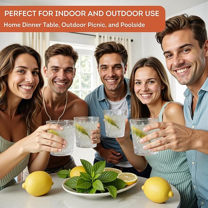 Lily's Home Unbreakable Premium Drinking Glasses Set of 4, Plastic Cups, Reusable Drinkware, Tumblers Water Cups, Shatterproof & Stackable, Indoor & Outdoor, 3.5in×3.9in, 13.5oz. Made in Taiwan.