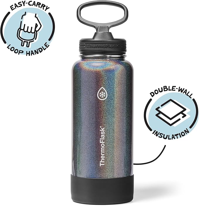 ThermoFlask 32 oz Double Wall Vacuum Insulated Stainless Steel Water Bottle with Straw Lid, Iron Night