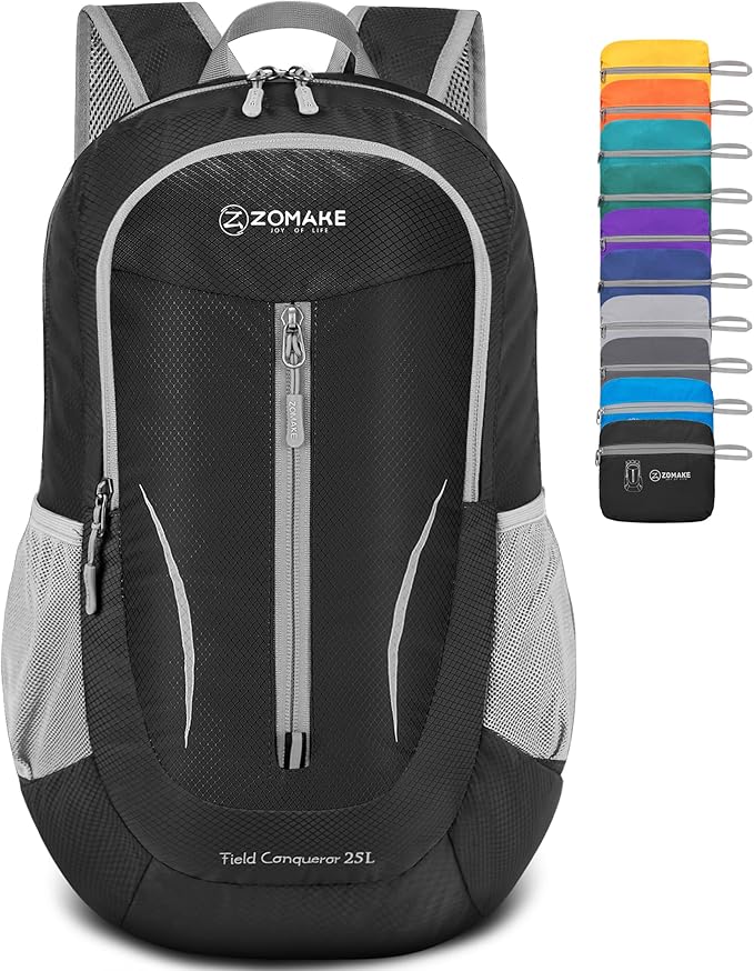 ZOMAKE Ultra Lightweight Packable Backpack 25L, Foldable Hiking Backpacks Water Resistant Small Folding Daypack for Travel(Black)