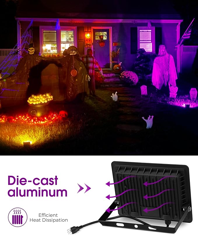 L LOHAS LED Purple Christmas Halloween Flood Light Outdoor, 𝑨𝒖𝒕𝒐 𝑶𝑵/𝑶𝑭𝑭 50W Plug in Flood Light, IP66 Waterproof 2300lm Outdoor Lights for Yard, Garage, Party, UL Listed