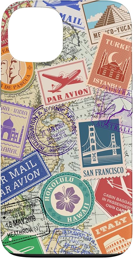 World Map Travel Passport Stamps Postage Stamp Case for iPhone 13