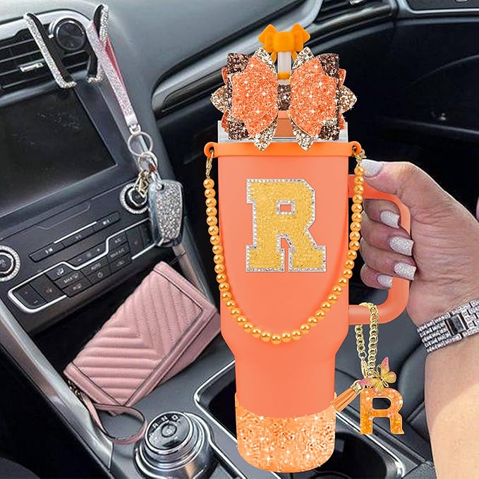 9PCS Orange for Stanley Cup Accessories Set Bling Initials Bow Charms for Stanley Decorations 30/40 Oz Tumbler Accessories Including Bow Straw Topper, Handle Strap, Spill Stopper（Letter R）