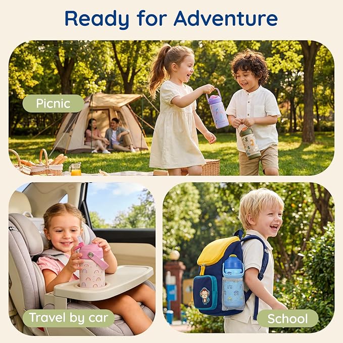 Mommore Kids Water Bottle 12 oz, Insulated Stainless Steel Water Bottle with Straw, Leakproof & BPA-Free, Vacuum Insulated Travel Water Bottle for School, Outdoor Dinosaur-1 Pc