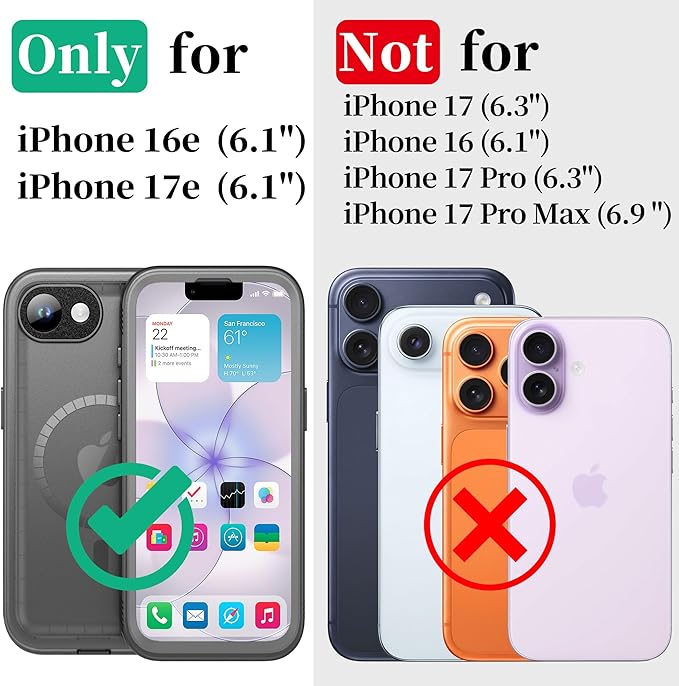 Cozycase TOP Military Shockproof IP68 Waterproof Case for iPhone 16e/iPhone 17e [Compatible with MagSafe] Heavy Duty 360 Full Body with Screen Camera Protector Double Dustproof Hard Tough Cover Black
