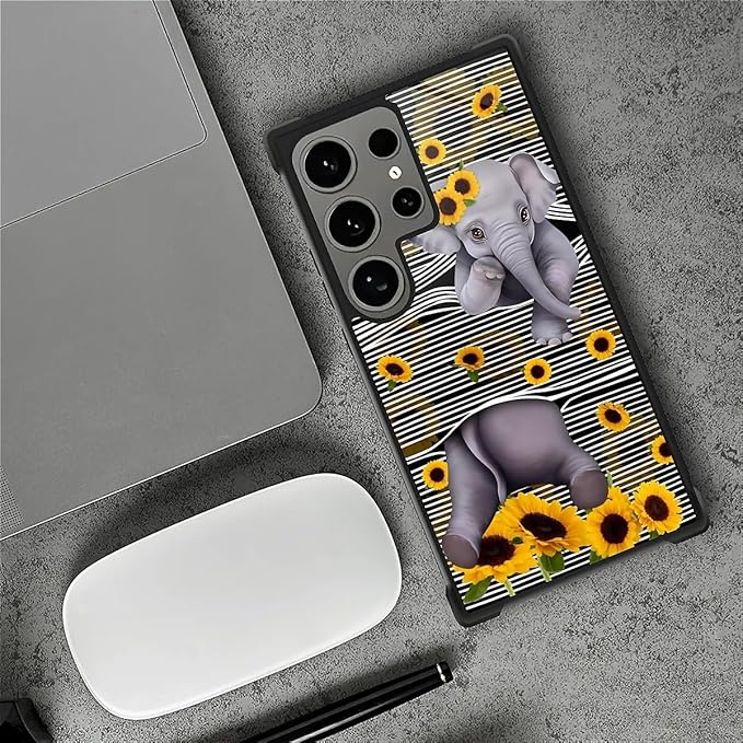 for Samsung Galaxy S24 Ultra Case, Cute Little Elephant Sunflower White Line Art Pattern Graphic Design Soft Silicone Hard Acrylic Shock Protection for Samsung Galaxy S24 Ultra