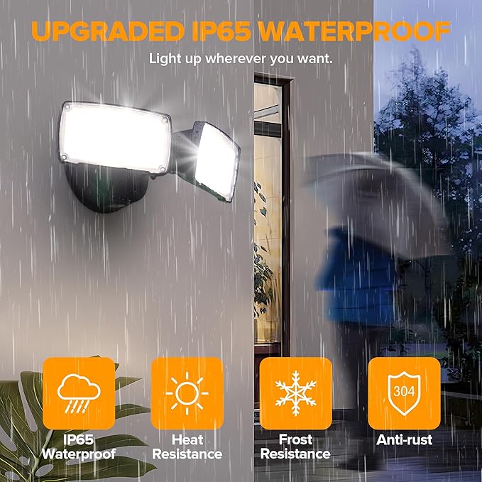 LUTEC 32W 3500LM Integrated Dual-Head LED Flood Light Outdoor,Switch Controlled LED Security Light,5000K Wall Mount Exterior Flood Light,P65 Waterproof for Garage, Yard, Patio-Black