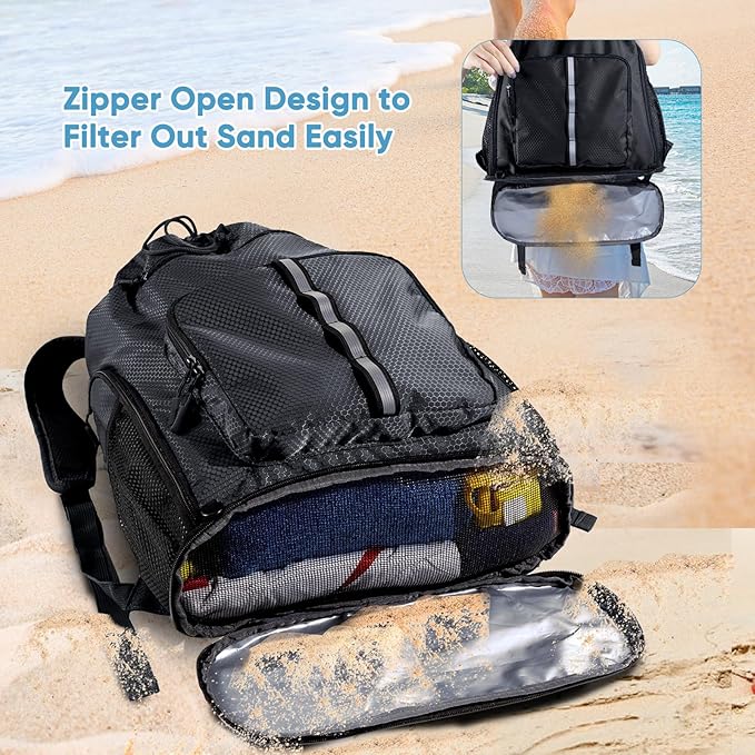 Large Beach Backpack Waterproof Sandproof - Customized Oversized Drawstring Pool Bag with Shoe Compartment for Toiletries, Towels, Gym, Travel