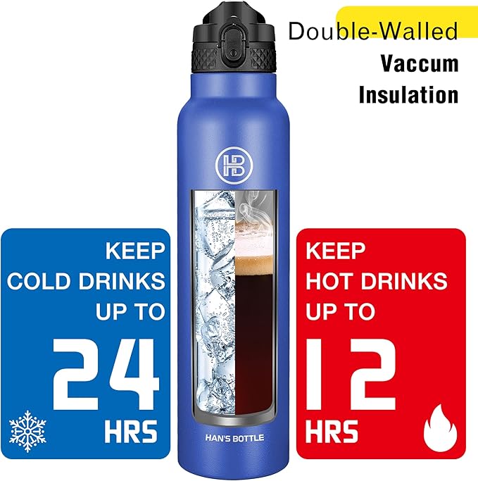 Han's Bottle Sports Water Bottle - 32 Oz, Straw Lid, Leak Proof, Vacuum Insulated Stainless Steel, Double Walled, Thermo Mug,Navy Blue