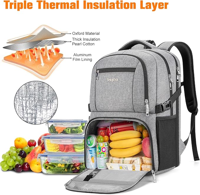Insulated Lunch Backpack Fit 17" Laptop, Work Backpack with Lunch Box & USB Charging Port for Men & Women, Water Resistant College Computer Bag for Travel, Business, Hiking (Gray)
