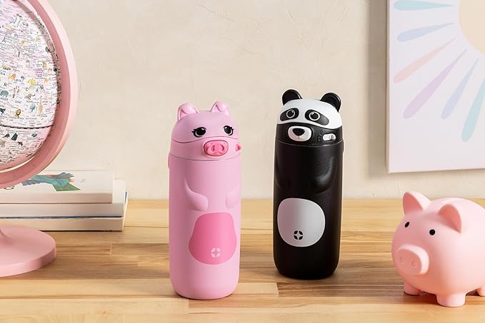 Ello Ellies 12oz Vacuum Insulated Stainless Steel Kids Water Bottle with Straw and Built-in Carrying Handle and Leak-Proof Locking Lid for School Backpack, Lunchbox and Outdoor Sports, Pig