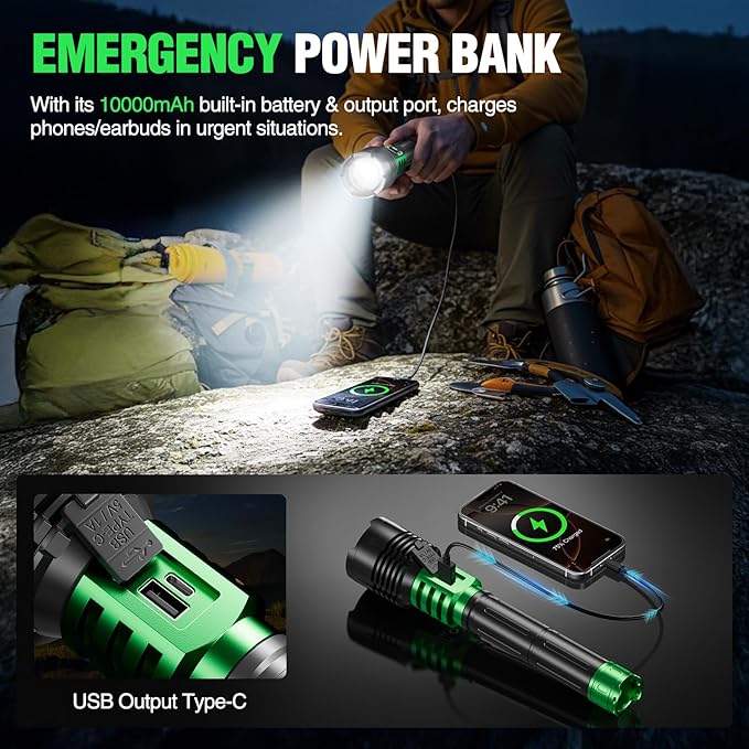 WdtPro Rechargeable LED Flashlights High Lumens, Super Bright 90000LM Rechargeable Flashlight with LCD Display, 5 Modes & Waterproof Powerful 10000mAh 30H Flashlight for Camping Emergency Green