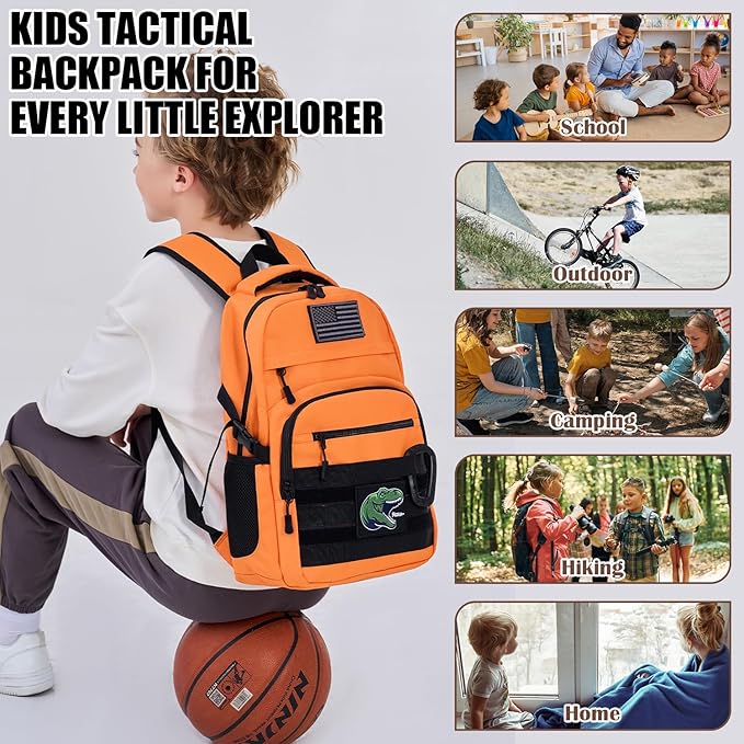 Kids Tactical Backpack Army Molle Bookbag Military Boys Backpack for School, Outdoor, Camping (Includes 2 Patches+1Carabiner), Orange
