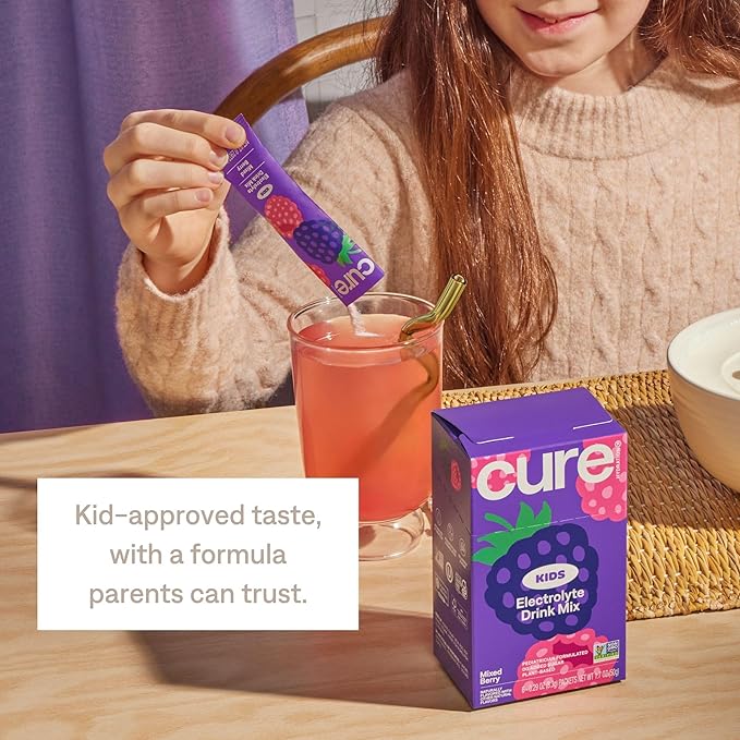 Cure Hydration - Kids Electrolyte Drink Mix | Plant-Based Pediatrician Formulated Rehydration | No Added Sugar, FSA-HSA, Non-GMO, Gluten-Free, No Artificial Flavors | 14 Packets - Mixed Berry