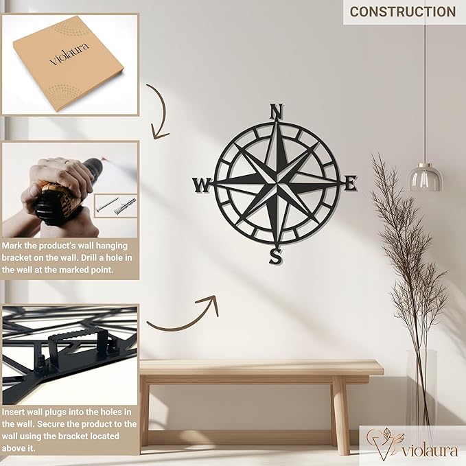Violaura Compass Rose Metal Wall Art - Easy to Install Hanging Nautical, Directional, Adventure, Navigation, Compass Point, Explorers, Maritime, Wanderlust, Living Room Decor (24" x 24")