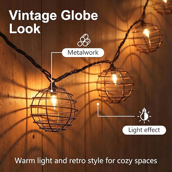 Decorative String Lights Indoor Outdoor, Patio Lantern Style String Lights with 10 Warm White Mini Bulbs, UL Listed Connectable Weatherproof Plug In Lights for Home Decoration(Iron Wire Twist Ball)