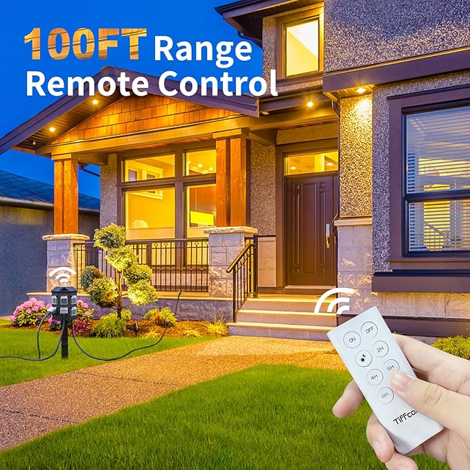 TiFFCOFiO Outdoor Power Stake Timer, 100FT Remote Control, Dusk to Dawn Christmas Light Timer, 6FT Extension Cord Waterproof, 6 Grounded Outlets for Outdoor Christmas Decorations, ETL Listed