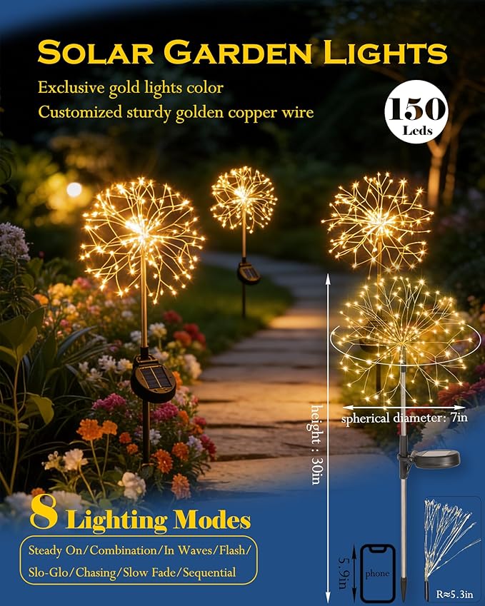 Solar Garden Lights Outdoor Yard Decorations, 4 Pack 150Leds Pathway Light, Fairy Firework Stake Lights for Garden, Patio, Pathway, Flowerbed Gold Color