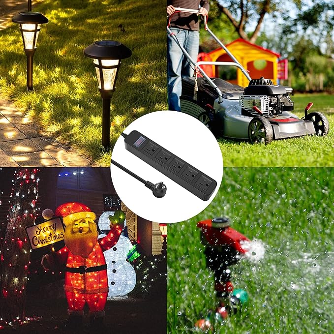 Outdoor Power Strip Waterproof with 5 Outlets, Garden Weatherproof Surge Protector, Christmas Multiple Outlet Exterior Socket for Lighting Appliances. 25FT Extension Cord Strip with Flat Plug. Black