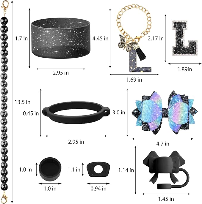 9PCS Black for Stanley Cup Accessories Set Bling Initials Bow Charms for Stanley Decorations 30/40 Oz Tumbler Accessories Including Bow Straw Topper, Handle Strap, Spill Stopper（Letter L）