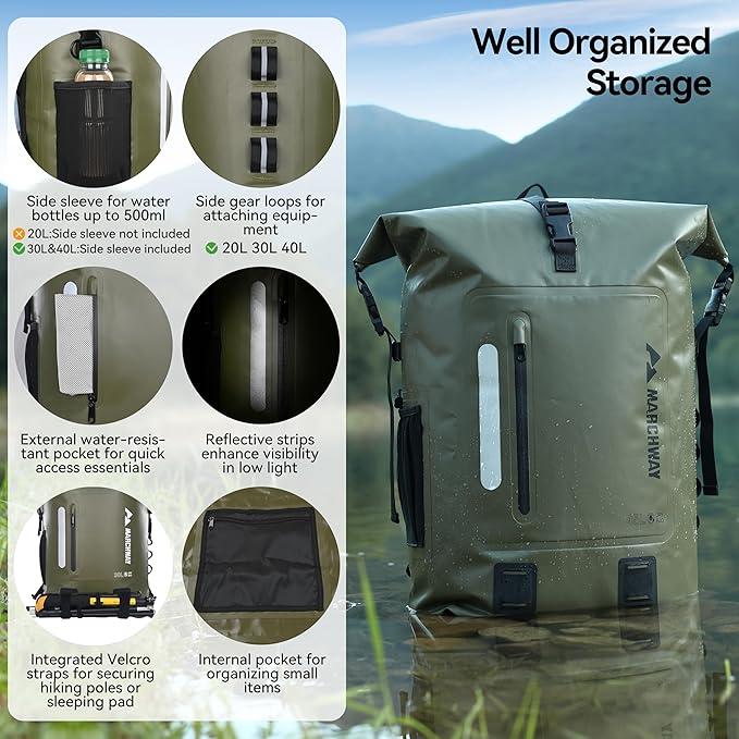 MARCHWAY Roll Top Waterproof Backpack, Floating Dry Bag 20L/30L/45L with Ergonomic Rectangular Base, Cushioned Back, Hip Strap for Hiking Camping Kayaking Travel (Army Green, 20L)