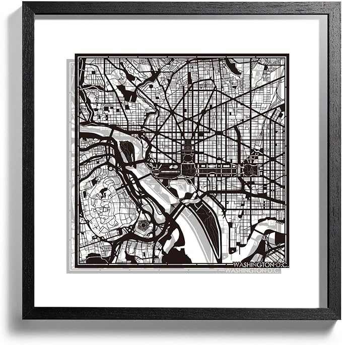 Washington D.C. Cut Map framed by O3 Design Studio, Black map, Black frame, 18x18 inches, paper cutting art work, Gift Boxed, 2 background color, self-changing, Wall Art