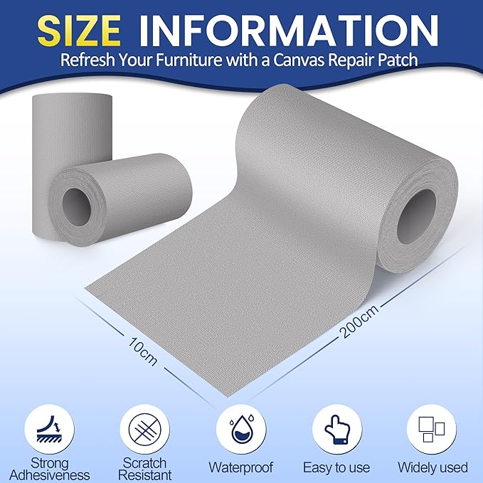 Self-Adhesive Canvas Repair Tape, 4" x 79" Waterproof Canvas Repair Patch, Fabric Patch Repairs Kit for Furniture, Tents, Sunbrellas, Boat Covers Awnings, Couches, Clothes, Bags Grey