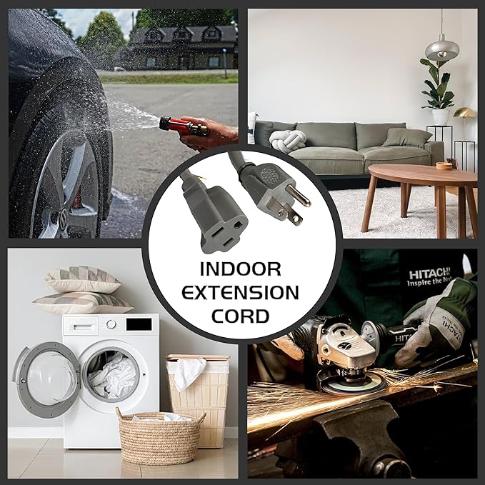 Indoor Outdoor Extension Cord Weatherproof, UL Certified, 16 Gauge 8FT Grey 3 Prong Heavy Duty, 16/3 SJTW 13A Power Cord for Outdoor Lights, Appliances, Lawn
