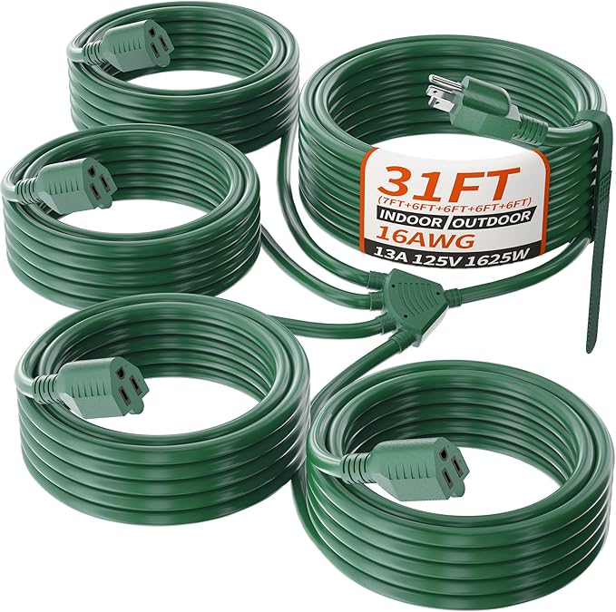 PlugSaf 1 to 4 Splitter Outdoor Extension Cord with Multiple Outlets; 31FT Total(7+6+6+6+6) 13FT End to End; 16/3 SJTW Green Extension Cord Outdoor Waterproof for Halloween Christmas; 16AWG 1625W ETL