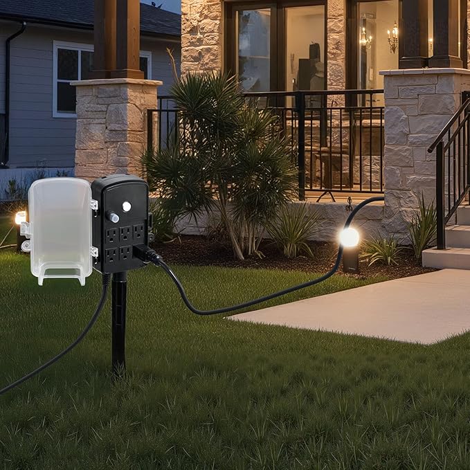 VEVOR Outdoor Power Stake Waterproof, 100 FT Extension Cord, Outdoor Power Strip, Weatherproof with Cover and Overload Protection, 6 Outlets, 13A/1625W for Halloween/Christmas Lights Decorations