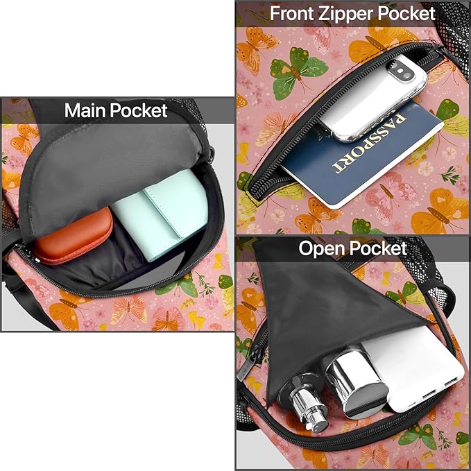 FyLybois Butterfly Sling Bag for Women Lightweight Crossbody Backpack Casual Daypack with Adjustable Strap for Travel Work Hiking Everyday Use