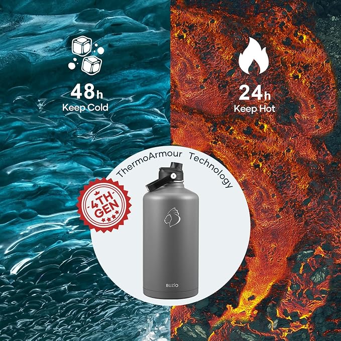 BUZIO Gallon Water Bottle Insulated, 128 oz Large Water Jug Vacuum Stainless Steel Big Metal Flask (Cold for 48 Hrs), Leak Proof & BPA-Free, with Straw and Spout Lids, Grey