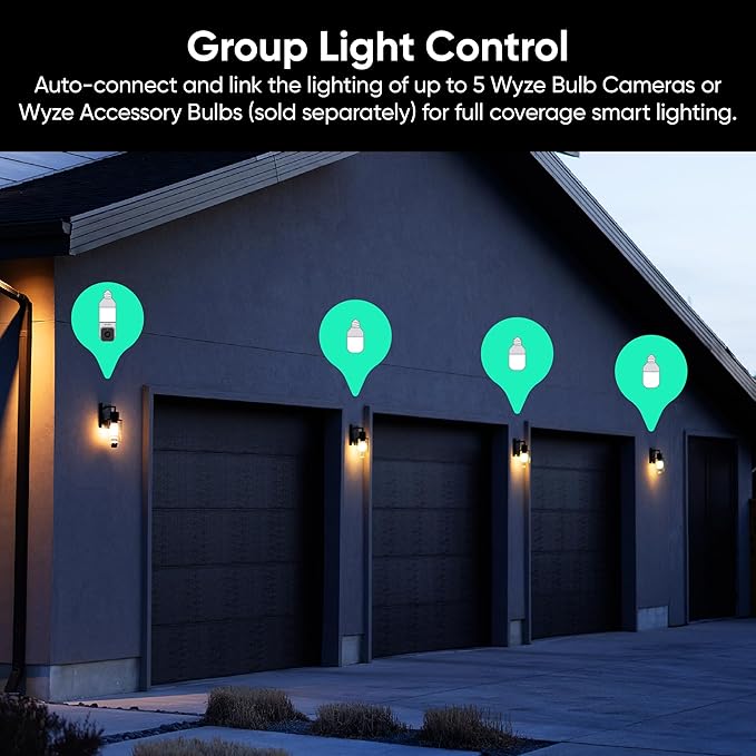 WYZE Bulb Cam Security Camera, 2K HD Outdoor Light Bulb Camera, Color Night Vision, Dimmable LED Bulb, Motion Detection, Siren Alarm, Works w/Alexa/Google Assistant. Free Expert Support (Renewed)