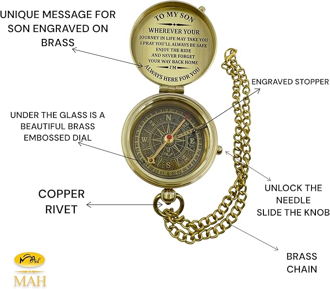 Brass Compass Gift to My Son Never Forget I Love You, Sentimental Keepsake from Mom Dad Grandparents, Inspirational Guidance Compass Gift for Son Graduation Birthday Baptism Confirmation Gift Idea