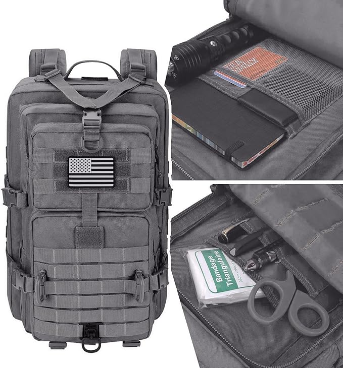 Hannibal Tactical MOLLE Assault Backpack, Tactical Backpack Military Army Camping Rucksack, 3-Day Pack Trip w/USA Flag Patch, D-Rings, Grey