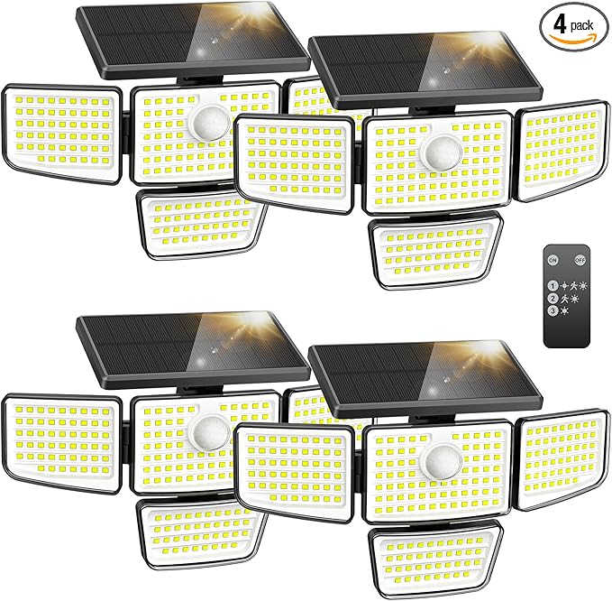 Adewalk Solar Outdoor Motion Lights - Upgraded 4Packs 4 Heads 188 LED Security Lights with Motion Sensor Lights, IP65 Waterproof 270° Wide Angle Flood Wall Lights for Home Darkroom Backyard
