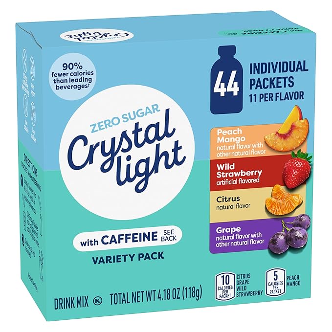 Crystal Light Energizing Drink Mix with Caffeine Variety Pack, 44 Packets for On-the-Go Hydration, Peach Mango, Wild Strawberry, Citrus, Grape, Naturally and Artificially Flavored, Zero Sugar, 4.18 oz