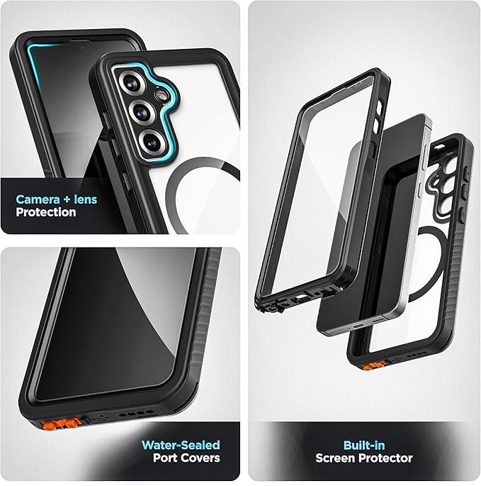 ENCASED Waterproof Case Designed for Samsung Galaxy S25 (IP68) Full Body Protective Phone Case with Screen Protector Built-in (Clear/Black) (S25)
