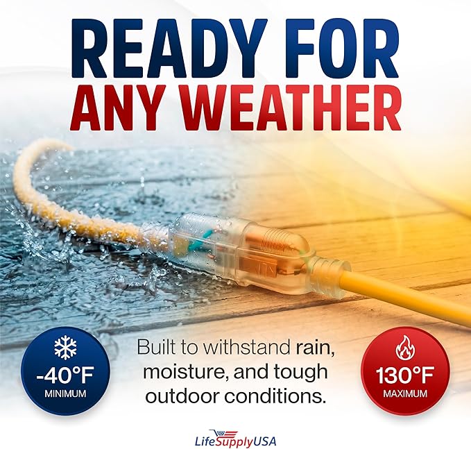 25ft Outdoor/Indoor Extension Cord 14/3 Gauge Heavy Duty 3 Prong SJTW, Waterproof, Flexible Cold-Resistant Long Power Cord,15A 125V 1625 W, Yellow by LifeSupplyUSA