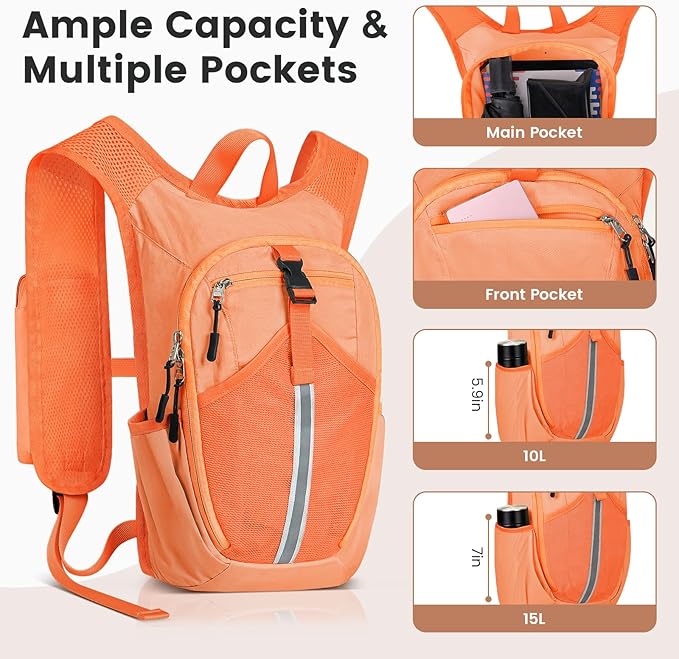 Small Hiking Backpack 10L - Lightweight Packable Foldable Backpack for Travel Camping Outdoor Commute, Compact Rucksack for Women Men(Orange)
