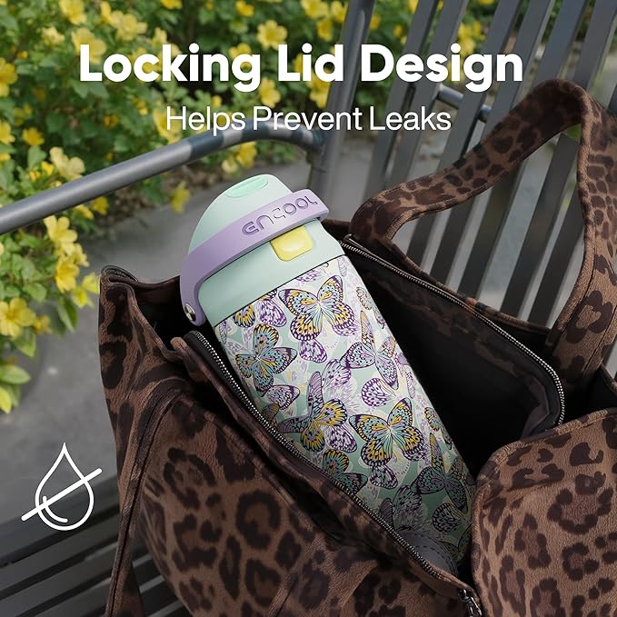 ENCOOL Leakproof Insulated Water Bottle with Straw Dual-Sip Water Bottle Bag-Safe Design for Work, Commute & Gym – Keeps Drinks Cold All Day, 24 oz, Mosaic Butterfly