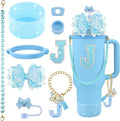 9PCS Blue for Stanley Cup Accessories Set Bling Initials Bow Charms for Stanley Decorations 30/40 Oz Tumbler Accessories Including Bow Straw Topper, Handle Strap, Spill Stopper（Letter J）