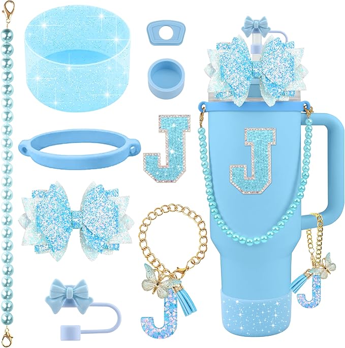 9PCS Blue for Stanley Cup Accessories Set Bling Initials Bow Charms for Stanley Decorations 30/40 Oz Tumbler Accessories Including Bow Straw Topper, Handle Strap, Spill Stopper（Letter J）